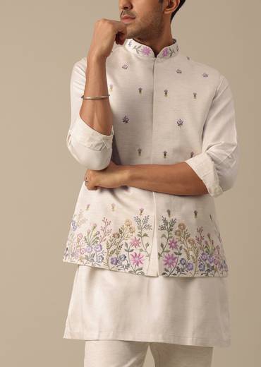 Off White Floral Embroidered Jacket Kurta Set