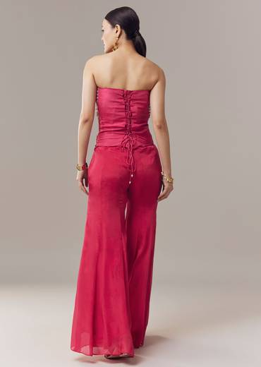 Pink Corset Crop Top And Pants Set With Thread And Sequins Work