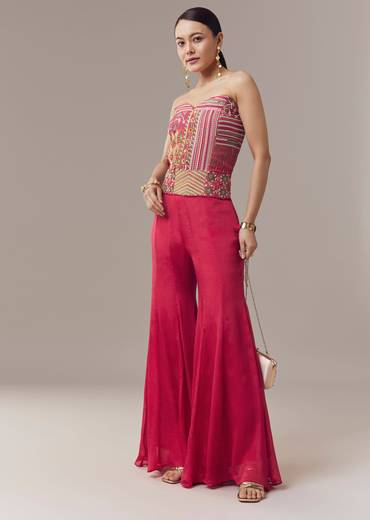 Pink Corset Crop Top And Pants Set With Thread And Sequins Work