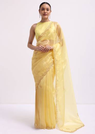 Yellow Embroidered Tissue Saree With Unstitched Blouse