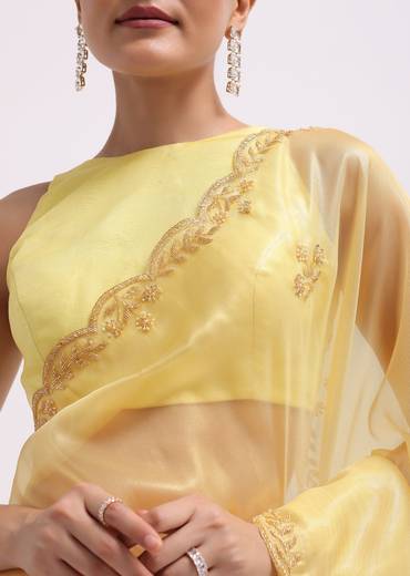 Yellow Embroidered Tissue Saree With Unstitched Blouse