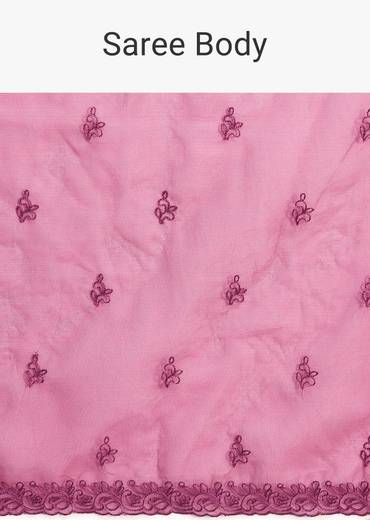 Magenta Organza Saree With Floral Resham Work And Unstitched Blouse
