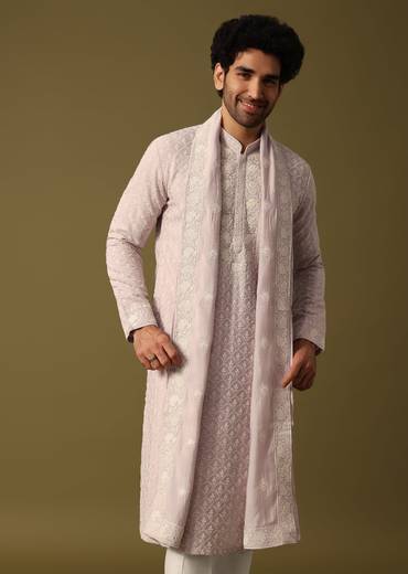 Lavender Kurta Pant Set With Dupatta In Resham Work For Men