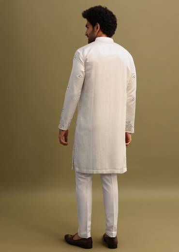 White Embroidered Mirror Work Kurta Set For Men
