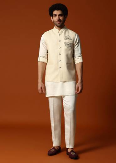 Cream Silk Kurta Jacket Set For men Pack of 3
