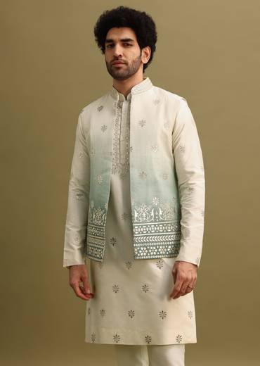 Blue Foil Applique Work Kurta Set With Shaded Jacket