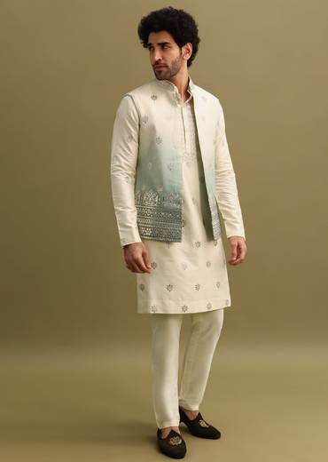 Blue Foil Applique Work Kurta Set With Shaded Jacket