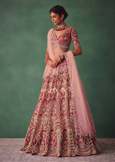 Raw Silk Red Bridal Embroidered Lehenga Set