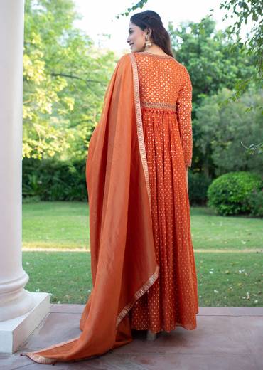 Warm Rust Orange Brocade Cutdana Beaded Anarkali Suit