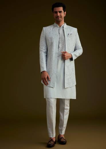 Ice Blue Silk Sherwani Set With Floral Resham And Mirror Work