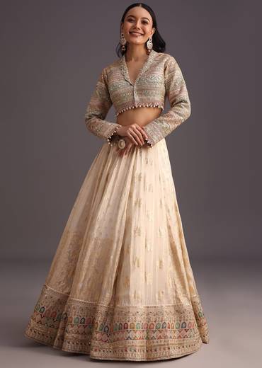 White Gotta Work Choli With Banarasi Weave Lehenga