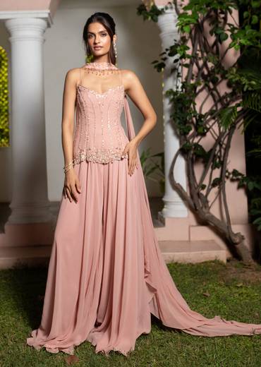 Dusty Pink Hand Embroidered Sharara Suit With Choker Dupatta