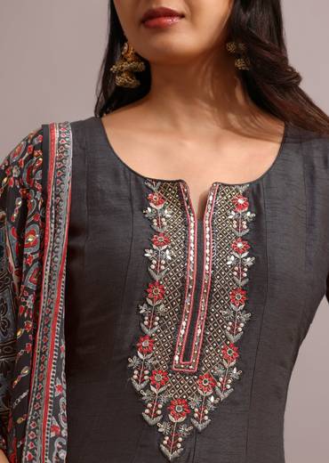 Black Embroidered Kurti Set With Modal Silk Ajrakh Printed Dupatta
