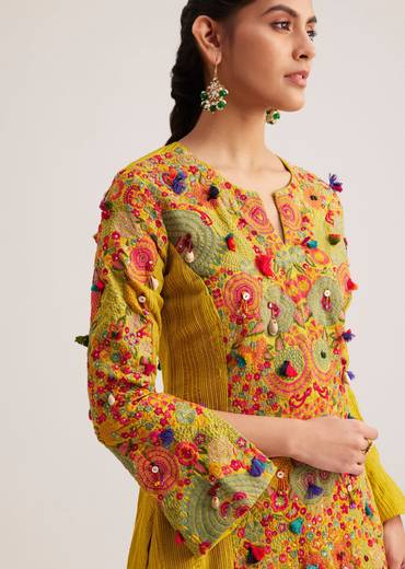 Mustard Silk Kurta Palazzo Set With Resham And Zari Embroidery