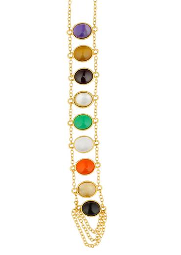 Gold Multi Navratan Lariat Necklace