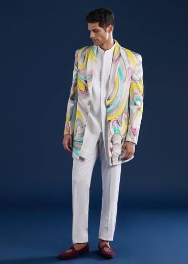 White Indo Western Set For Men With Hand Painted Work