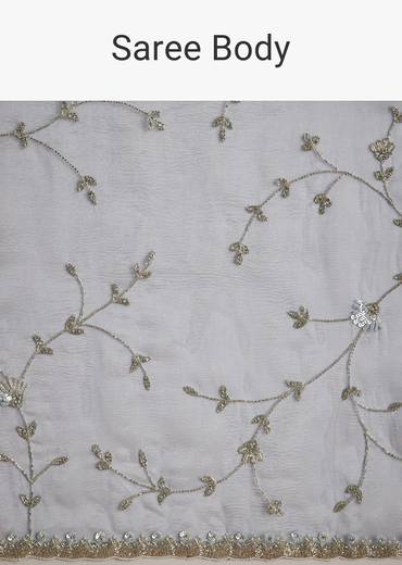 Aqua Blue Crushed Tissue Saree With Floral Jaal Embroidery