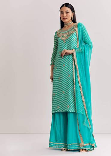 Aqua Blue Leheriya Kurta Palazzo Suit With Zardosi And Moti Work