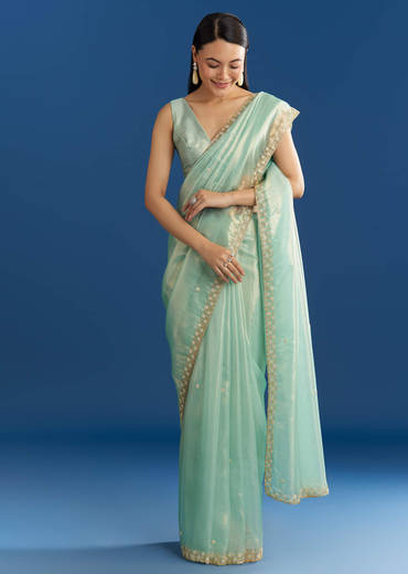 Aqua Blue Organza Tissue Saree With Cutdana And Beads Scallop Border
