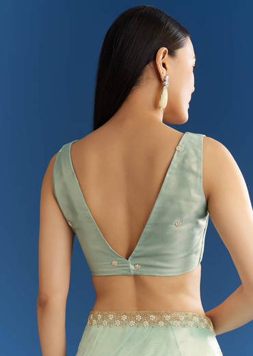 Aqua Blue Organza Tissue Saree With Cutdana And Beads Scallop Border