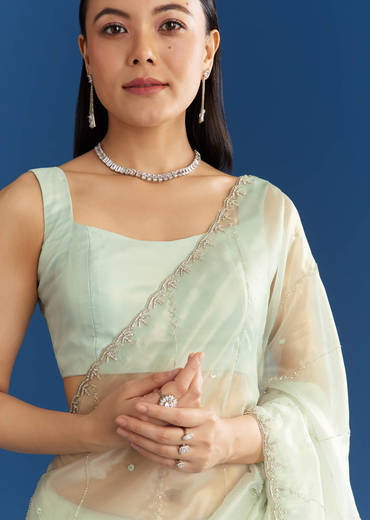 Aqua Blue Organza Tissue Saree With Embellished Border