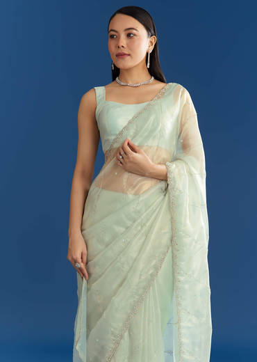 Aqua Blue Organza Tissue Saree With Embellished Border