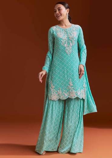 Aqua Blue Chinon Sharara Set With Cutdana And Sequins