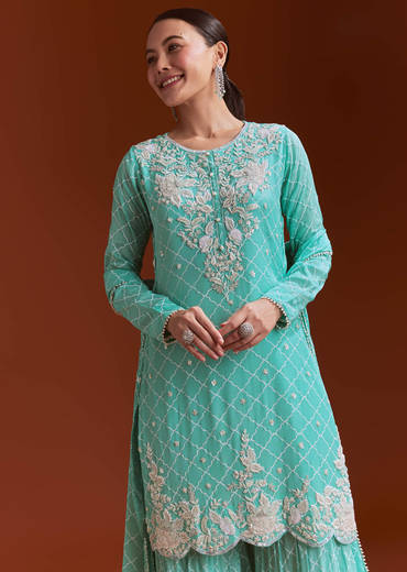 Aqua Blue Chinon Sharara Set With Cutdana And Sequins