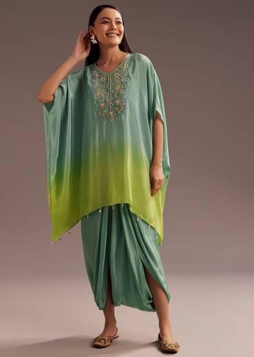 Aqua Green Ombre Moti Zardosi Kaftan Kurta Dhoti Set