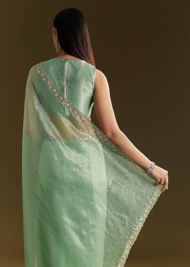 Aqua Green Organza Embroidered Saree With Scallop Border