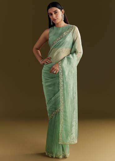Aqua Green Organza Embroidered Saree With Scallop Border