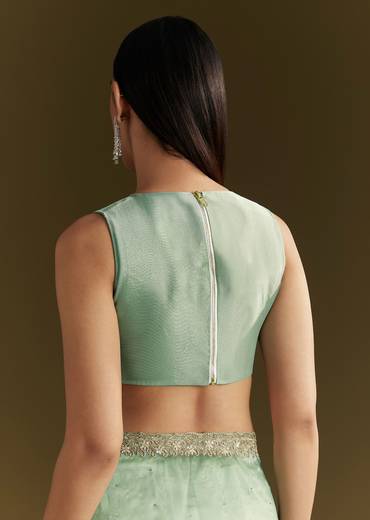 Aqua Green Organza Embroidered Saree With Scallop Border
