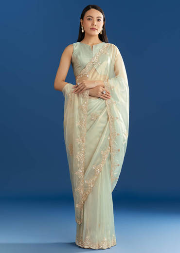 Aqua Organza Tissue Saree With Cutdana Border