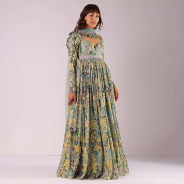 Aqua Green Embroidered Anarkali Suit Set In Foil Knit With Foil Print And Ruffle Border Dupatta