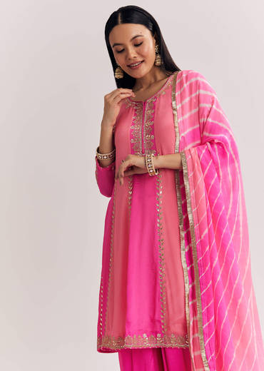 Pink Georgette Kurta Dhoti Suit With Gotta Lace And Moti Work