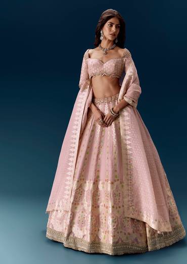 Baby Pink Banarasi Embroidered Bridal Lehenga With Dupatta