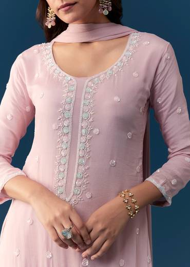 Baby Pink Chinon Kurta Set With Cut Dana Moti And Sequins Work