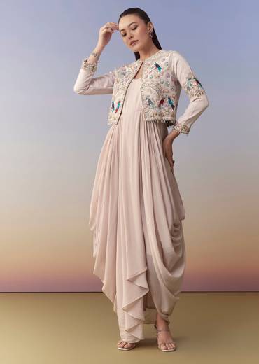 Baby Pink Cowl Draped Sequin Gown and Jacket Set