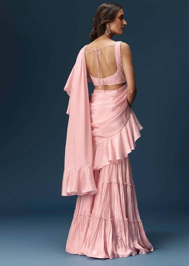 Baby Pink Frill Saree With Fancy Blouse