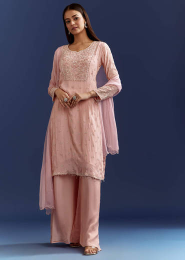 Baby Pink Moti Embroidered Work Kurta Set With Dupatta