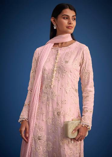 Baby Pink Organza Embroidered Straight Kurta Set