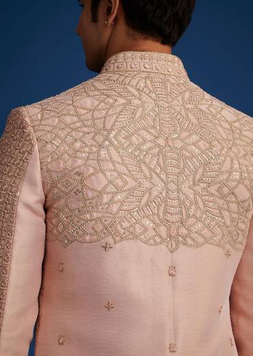Baby Pink Silk Short Sherwani Set With Zardosi Embroidery