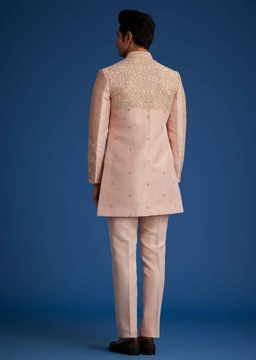 Baby Pink Silk Short Sherwani Set With Zardosi Embroidery