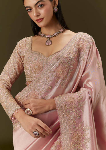 Baby Pink Tissue Saree With Velvet Embroidered Blouse