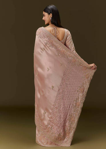 Baby Pink Tissue Saree With Velvet Embroidered Blouse