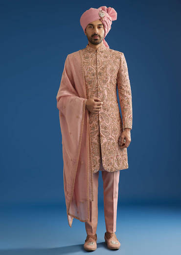 Baby Pink Tussar Sherwani Set With Cutdana Embroidery And Organza Dupatta