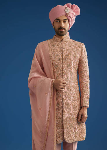 Baby Pink Tussar Sherwani Set With Cutdana Embroidery And Organza Dupatta