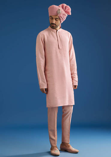 Baby Pink Tussar Sherwani Set With Cutdana Embroidery And Organza Dupatta