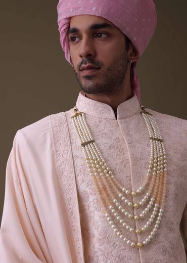 Baby Pink Sherwani Set In Raw Silk With Thread Work And Moti Embroidery