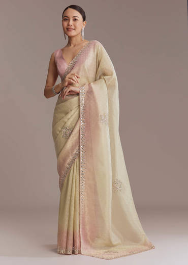 Beige And Pink Ombre Jacquard Embroidered Saree With Mirror Work